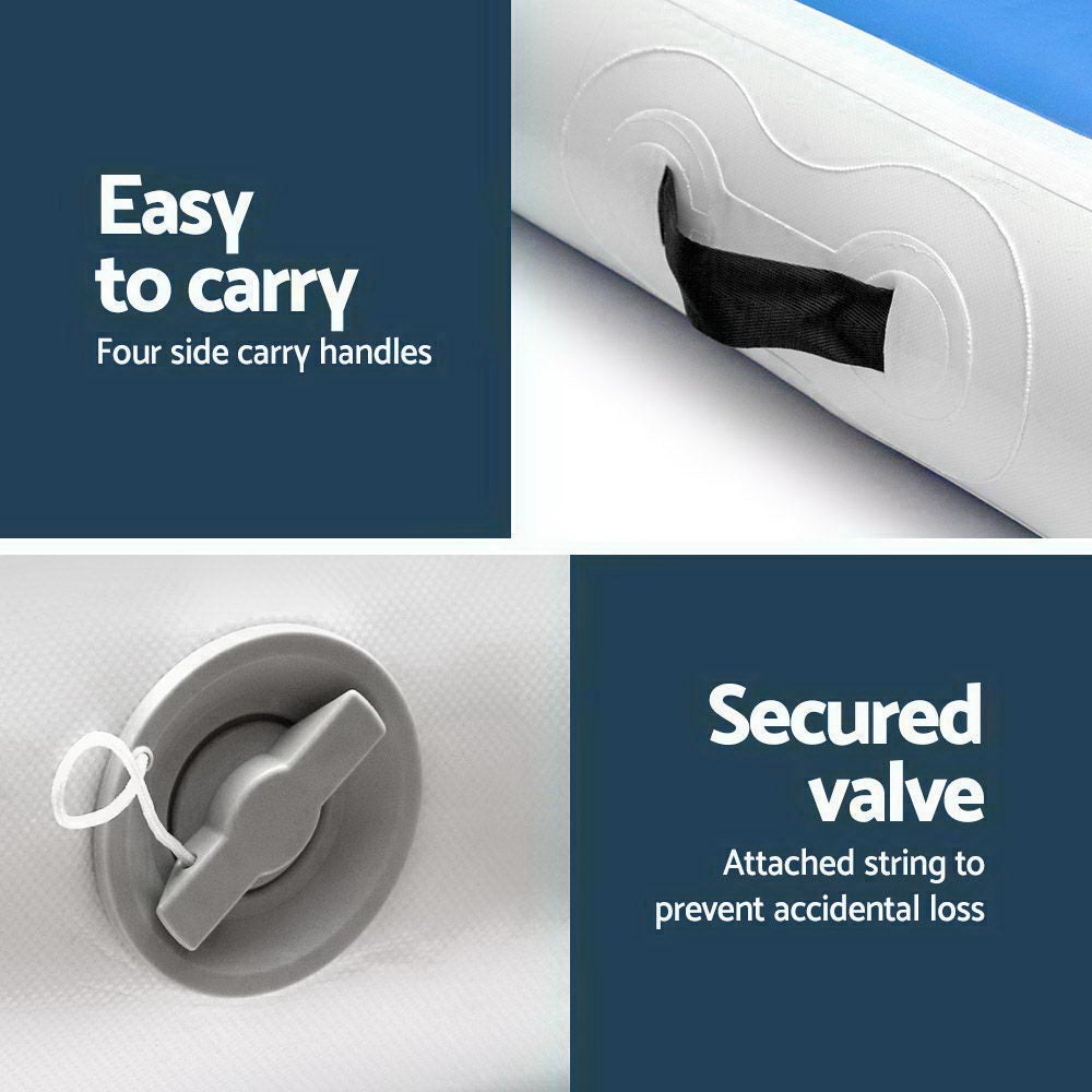 Everfit 4X1M Inflatable Air Track Mat in blue, showcasing its thickness and durable fabric, with an electric air pump included.